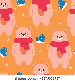 seamless pattern cartoon bear wearing scarf. cute animal wallpaper with snowflakes illustration for gift wrap paper, winter wallpaper