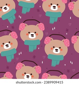 seamless pattern cartoon bear wearing scarf. cute animal wallpaper with snowflakes illustration for gift wrap paper, winter wallpaper