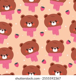 seamless pattern cartoon bear wearing pink scarf and strawberry. cute animal wallpaper for winter background, gift wrap paper