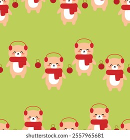 Seamless pattern cartoon bear wearing a red scarf christmas. cute christmas and winter wallpaper for fabric print, gift wrap paper