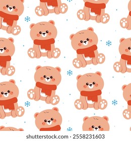 seamless pattern cartoon bear wearing red scarf. cute christmas and winter wallpaper for fabric print, gift wrap paper