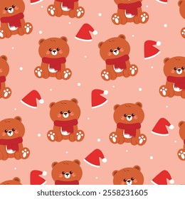 seamless pattern cartoon bear wearing red scarf. cute christmas and winter wallpaper for fabric print, gift wrap paper