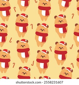 seamless pattern cartoon bear wearing red scarf. cute christmas and winter wallpaper for fabric print, gift wrap paper