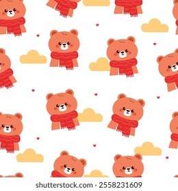 seamless pattern cartoon bear wearing red scarf. cute christmas and winter wallpaper for fabric print, gift wrap paper