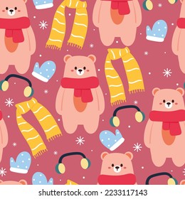 seamless pattern cartoon bear and winter stuff. cute winter wallpaper for gift wrap paper