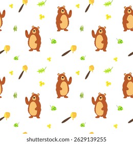Seamless pattern with cartoon bear, wooden spoon for honey, flowers, leaves hand drawn with textures. Image for printing on wrapping paper and canvas, for kids, poster or banner. Cartoon illustration