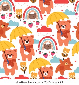 seamless pattern cartoon bear with yellow umbrella and cat with rainbow. cute animal wallpaper for fabric print, gift wrap paper