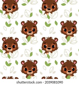 Seamless pattern with cartoon bears among the bushes on a white background. Vector illustration of a cute animal in minimalistic flat style. Children s print for textiles, print design, postcards.