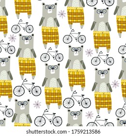 Patrón incomparable con osos de dibujos animados, bicicletas, elementos decorativos. Vector colorido para los niños, de estilo plano. dibujo a mano. diseño de bebé para tela, impresión, envoltura, textil
