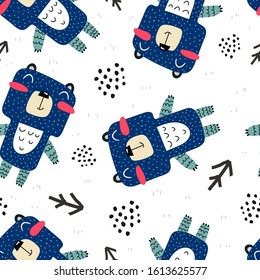 Seamless pattern with cartoon bears, decor elements. Colorful vector, flat style. Hand drawing for kids. baby design for fabric, print. textile wrappers