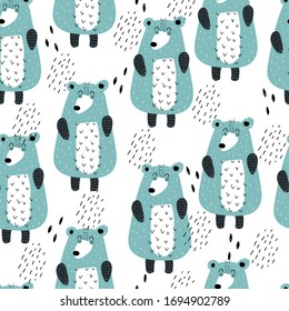 Seamless pattern with cartoon bears, decor elements. Colorful vector flat for kids. hand drawing. baby design for fabric, print, wrapper, textile
