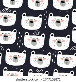 Seamless pattern with cartoon bears, decor elements on a neutral background. Colorful vector flat for kids. hand drawing. baby design for fabric, print, wrapper, textile