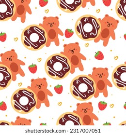 seamless pattern cartoon bears and doughnut. cute animal wallpaper illustration for gift wrap paper