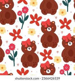seamless pattern cartoon bears and flower. cute animal wallpaper illustration for gift wrap paper