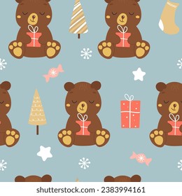 Seamless pattern with cartoon bears, gifts in paws, sweets, abstract fir trees. Festive winter print. Vector graphics.