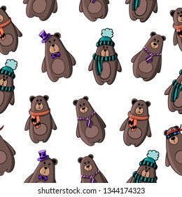 Seamless pattern with cartoon bears, hand drawn style. Forest characters. Vector illustration of kids, natural background in kids style.