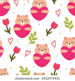 Seamless pattern of cartoon bears and pink flowers. cute valentine wallpaper illustration for gift wrapping paper, backgrounds and greeting cards