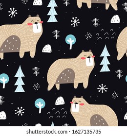 Seamless pattern with cartoon bears, spruce, decor elements on a neutral background. Colorful vector flat for kids. hand drawing. baby design for fabric, print, wrapper, textile