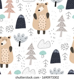 Seamless pattern with cartoon bears, trees, decor elements. Colorful vector flat for kids. hand drawing. baby design for fabric, print, wrapper, textile