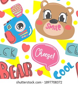 Seamless pattern with cartoon bears.camera film Vintage  Abstract Abstractart print. Abstract isolated white background  cute animals. Vector illustration.