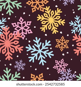 Seamless pattern cartoon of Beautiful multi-colored snowflakes. It is a winter christmas pattern. Pattern for fabric and wrapping paper, Pattern for design wallpaper and fashion prints.