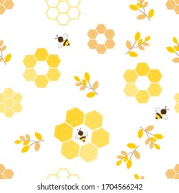 Seamless pattern of cartoon bee, beehive and nature leaf on white background vector illustration.