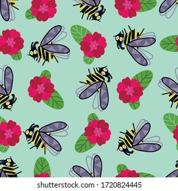 seamless pattern with cartoon bee and flowers, vector design for paper, fabric