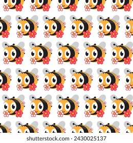 Seamless pattern with cartoon bee and heart on white background. Vector illustration.