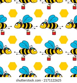 Seamless pattern with cartoon bee and honeycomb. Hand drawn Honey illustration