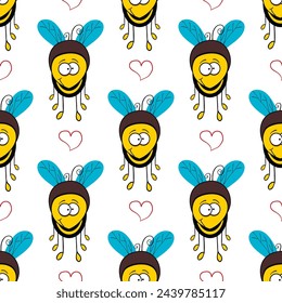 Seamless pattern with cartoon bee and honeycomb. Hand drawn Honey illustration
