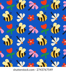 A seamless pattern with cartoon bees and bright flowers. A floral background for children's fabric, textiles, wallpaper, wrapping paper, and nursery decor. Vector.