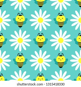 Seamless pattern with cartoon bees and flowers. Vector
