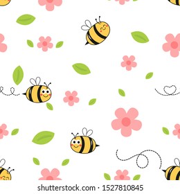 Seamless pattern with cartoon bees and flowers on white background. vector illustration