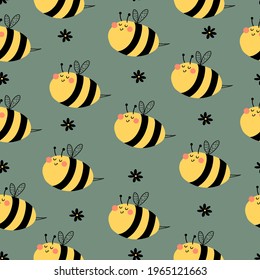 seamless pattern with cartoon bees, flowers, decor elements. Colorful vector flat style for kids. hand drawing. baby design for fabric, print, wrapper, textile