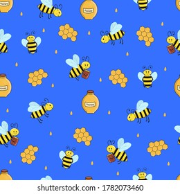 Seamless pattern of cartoon bees, hive and honey. Vector illustration Wallpaper background.