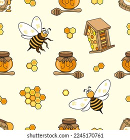 Seamless pattern with cartoon bees, honeycombs, honey and beehive in yellow-brown colors on a light background