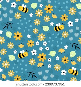 Seamless pattern with cartoon bees, leaves, flowers. Colorful vector flat style for kids. Baby design for fabric, print, wrapper, textile