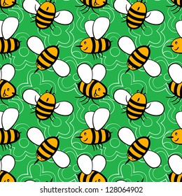 Seamless pattern- cartoon bees on a green background