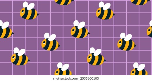 Padrão contínuo com abelhas de desenho animado em um fundo de grade roxo. Mão desenhada voando o caráter de abelha de mel xadrez fundo para pano de fundo para têxtil, papel de embrulho, tecido, tampa, papel de parede, impressão desi