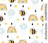 seamless pattern with cartoon bees, rainbows. Colorful vector flat style for kids. hand drawing. baby design for fabric, print, wrapper, textile