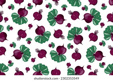 Seamless pattern with Cartoon Beet. Beetroot endless ornament on white background. Vector illustration. Autumn Vegetables backdrop. Wallpaper and bed linen print. Kitchen apron design.