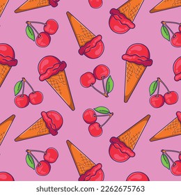 seamless pattern with cartoon berries and ice cream in doodle style, popsicles, berry ice cream advertising banner, summer poster, candy shop background