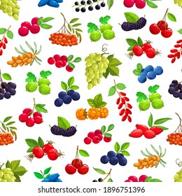 Seamless pattern with cartoon berries vector sea buckthorn, black chokeberry and cherry. Blueberry, hawthorn and lingonberry with bird cherry, honeysuckle and viburnum. Grape, gooseberry and rose hip