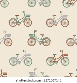 Seamless pattern with cartoon bicycle on a pastel background. Childish vector illustration. Bicycle wallpaper. Cute design for fabric, paper, cover, interior decor and other users. 