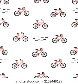 Seamless pattern with cartoon bicycles. colorful vector for kids, flat style. hand drawing. Baby design for fabric, textile, print, wrapper.