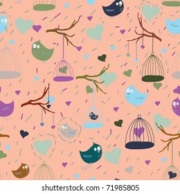 seamless pattern with cartoon bird & cage