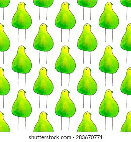 Seamless pattern with cartoon bird. Hand-drawn background. Vector illustration. Real watercolor drawing.