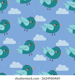 seamless pattern cartoon birds with blue clouds. cute animal pattern for wallpaper, background and gift wrap paper