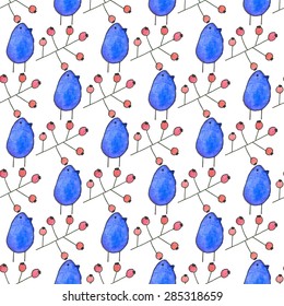 Seamless pattern with cartoon birds and branches. Hand-drawn background. Vector illustration. Real watercolor drawing.