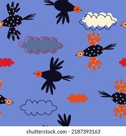  Seamless pattern with cartoon birds and clouds . Vector of a bird flying on a background of the sky. Pattern for card, invitation, wrapping paper, textile fabric 